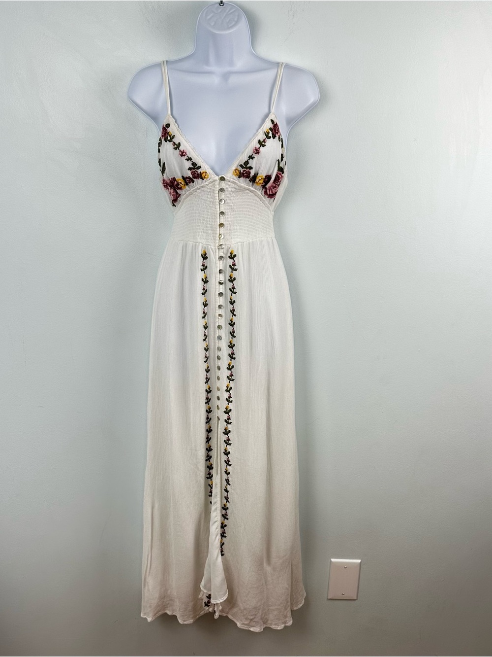 Forever 21 Cream Maxi Dress with Pink and Yellow Floral Embroidery Corset Small